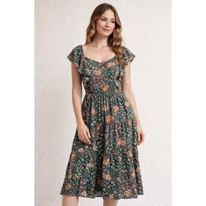 Monteau Los Angeles Floral Tiered Midi Dress Cottagecore Flutter Sleeve Medium